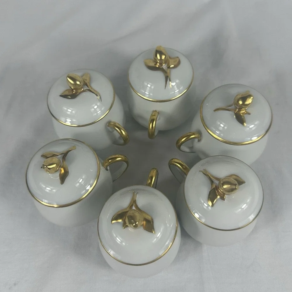 6 Antique Limoges Pot de Crème France Coiffe Porcelain White‎ And Gold